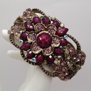 Purple Pink Rhinestone Hinged Bracelet, Victorian Style, 6 1/2 Inches